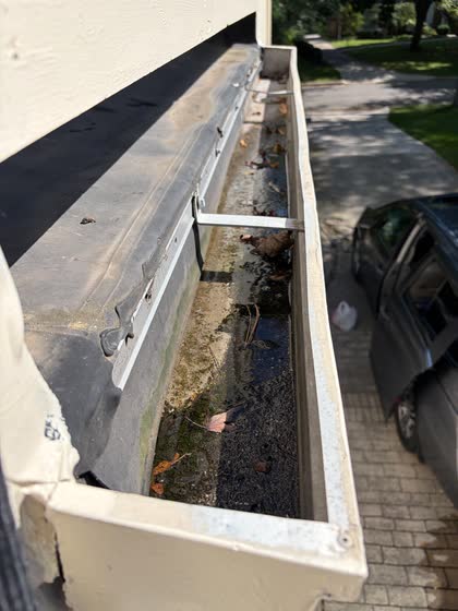 A gutter above a brick driveway, its floor covered in dark silt and shingle grit.